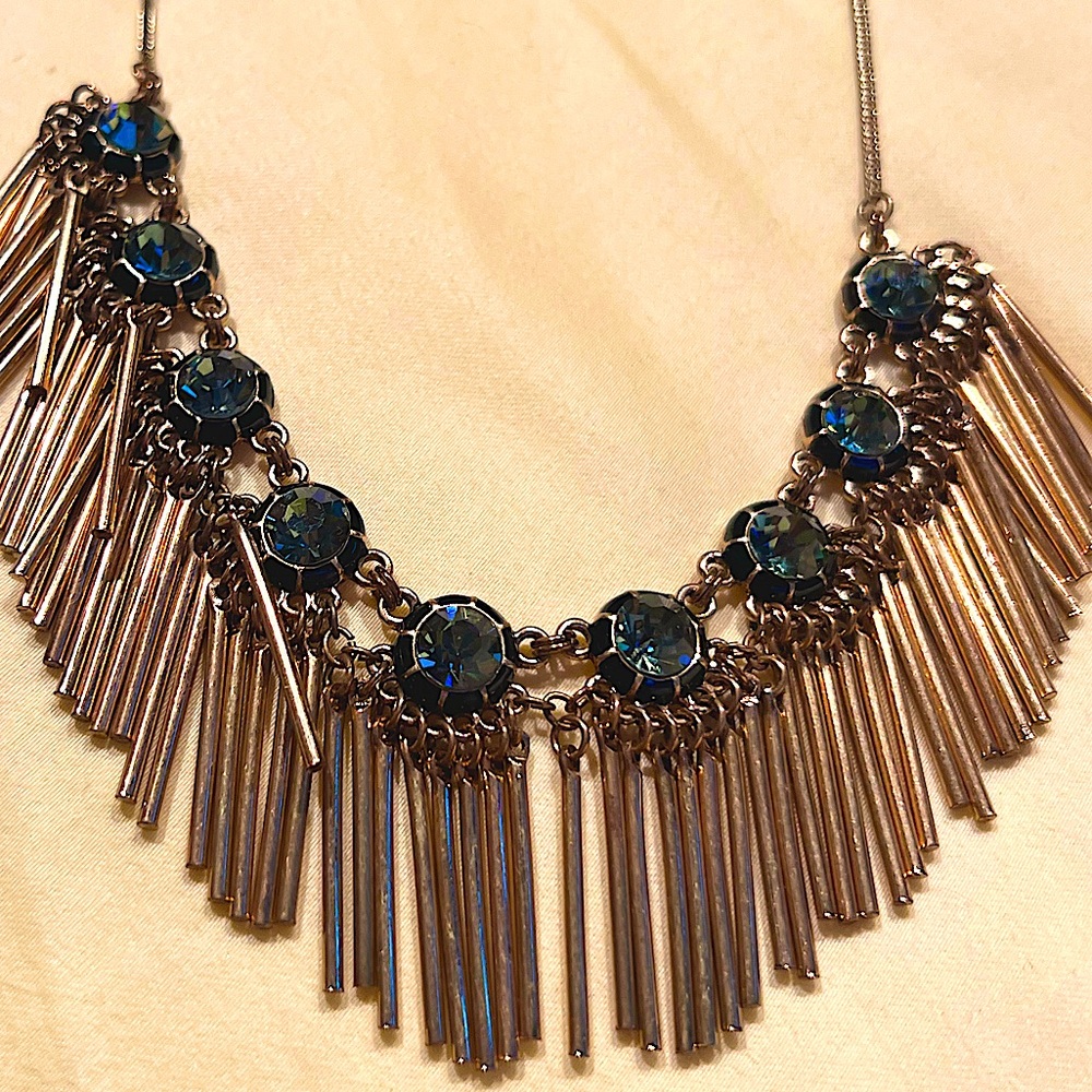 Stunning 💎 Polished Brass Faceted Blue Crystal Necklace Matchstick Statement 💙